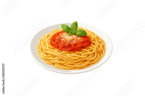 Spaghetti pasta with rich tomato sauce, grated Parmesan cheese, and fresh basil leaves