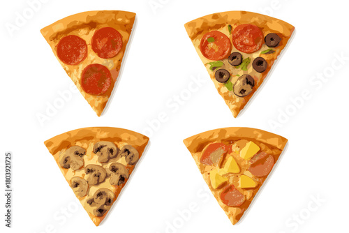Variety of delicious pizza slices with pepperoni mushroom Hawaiian and supreme toppings