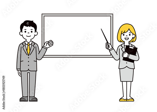 ホワイトボードと、指示棒を持つスーツを着た若い男性と女性の全身ベクターイラスト素材	