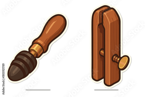 Traditional leather crafting tools including a wooden awl and a vertical stitching clamp