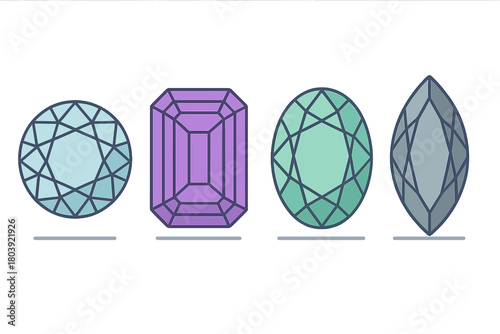 Four colorful faceted gemstones displaying various popular jewelry cuts and shapes