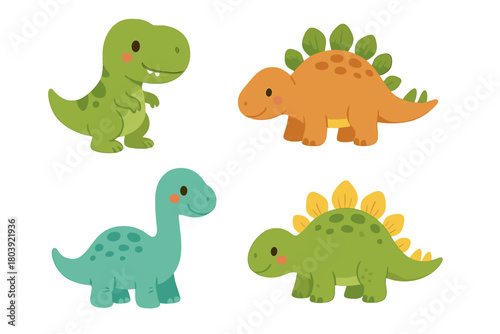 Four cute cartoon baby dinosaurs set in friendly style for children's design