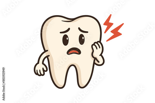 Cute cartoon tooth character suffering from severe dental pain and toothache holding its cheek