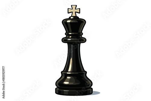 Classic black chess king piece standing upright isolated on a white background