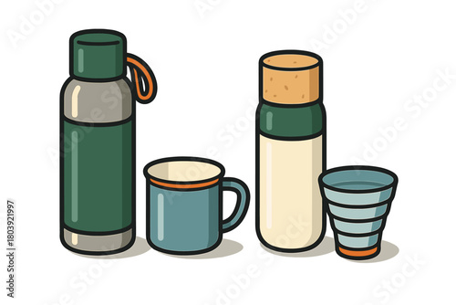 Set of outdoor travel gear including thermos, enamel mug, water bottle, and collapsible cup