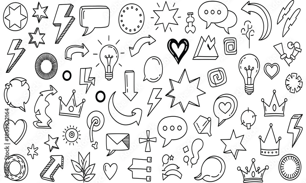 Obraz premium Hand-drawn doodle set of various icons, including stars, speech bubbles, arrows, and more in black and white
