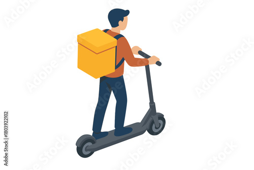 Delivery worker riding an electric scooter carrying a large insulated food delivery box on their back