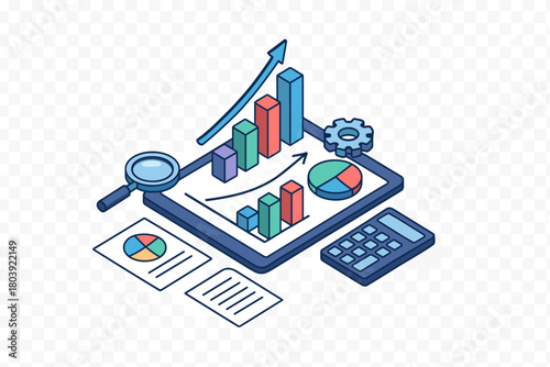 Business performance metrics displayed on a tablet screen with charts and calculation devices