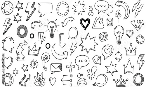 Hand-drawn doodle set of various icons, including stars, speech bubbles, arrows, and more in black and white