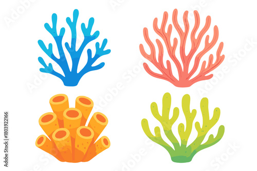 Colorful tropical reef organisms set with branching corals and tube sponge