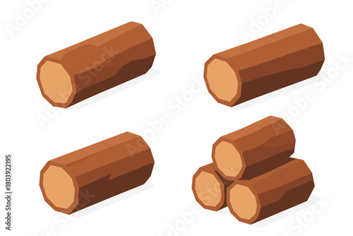 Isometric cut wooden logs and stacked firewood timber material for construction or heating