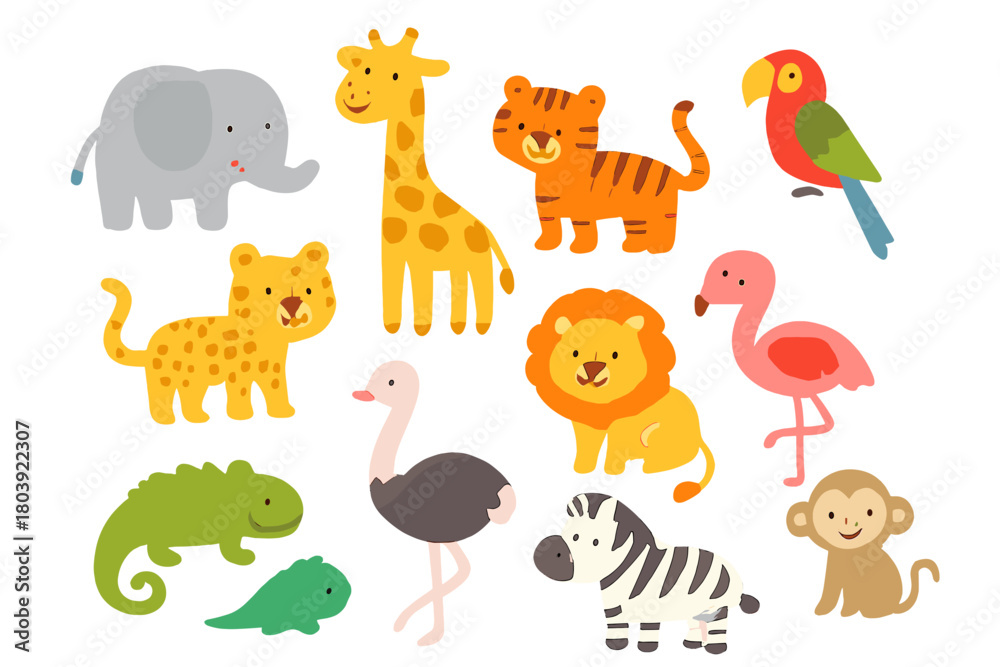 Naklejka premium Adorable African safari and jungle animals set featuring elephant, lion, giraffe, zebra, and monkey