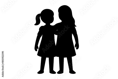 Simple black silhouette of two young girls standing side by side in a friendly pose