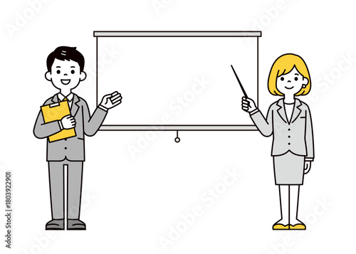 スクリーンと、ポインターを持つスーツを着た若い男性と女性の全身ベクターイラスト素材	