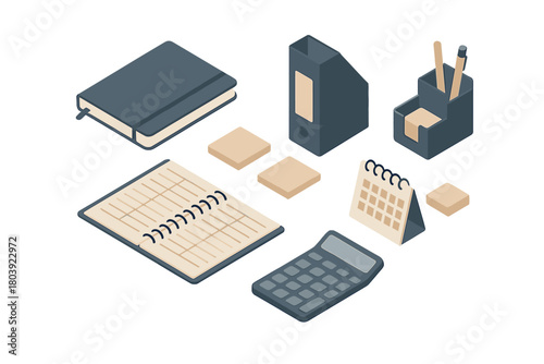 Isometric business supplies collection with calculator, calendar, notebooks, and desk organizer