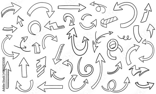 Diverse set of hand-drawn doodle arrows in various styles and directions, ideal graphic design elements for navigation, pointers, and creative illustration projects