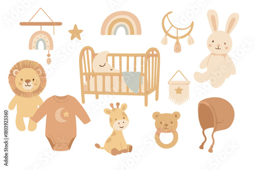 Bohemian nursery collection with crib stuffed animals baby clothes and celestial decor