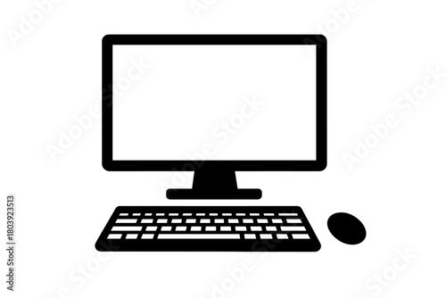 Minimalist black silhouette icon of a desktop computer monitor keyboard and mouse setup on white