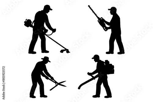 Groundskeeper silhouettes performing yard work using power tools and manual shears