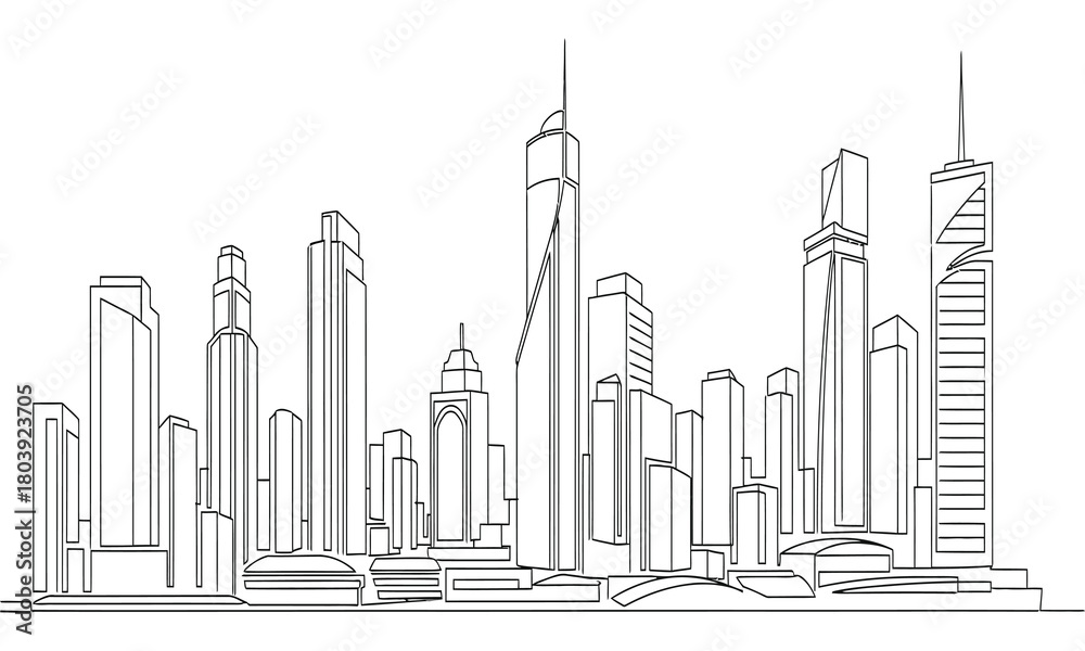 Obraz premium Vector outline drawing of a modern cityscape, showcasing a sophisticated urban skyline with various high-rise buildings and contemporary architectural structures