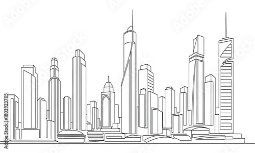 Vector outline drawing of a modern cityscape, showcasing a sophisticated urban skyline with various high-rise buildings and contemporary architectural structures