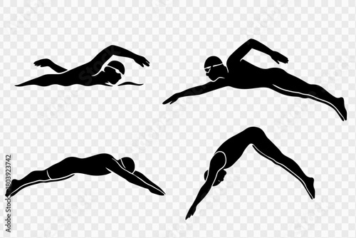 Black silhouettes of swimmers performing freestyle strokes and diving actions