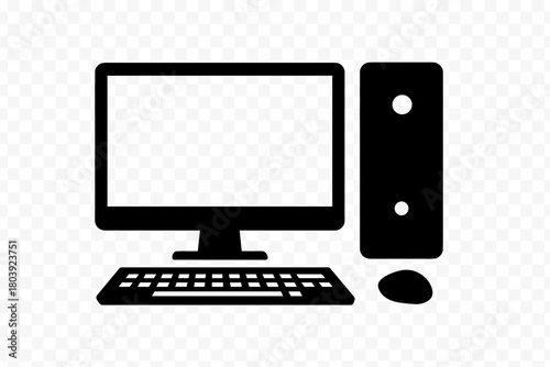 Minimalist black silhouette icon of a desktop computer system and peripheral devices