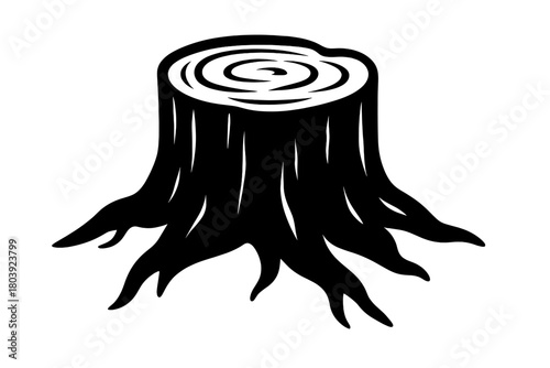 Black and white silhouette of an old tree stump with exposed roots and growth rings visible on top