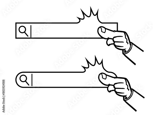 検索ウィンドウを強く指差してるイラスト。白背景にベクターイラスト。