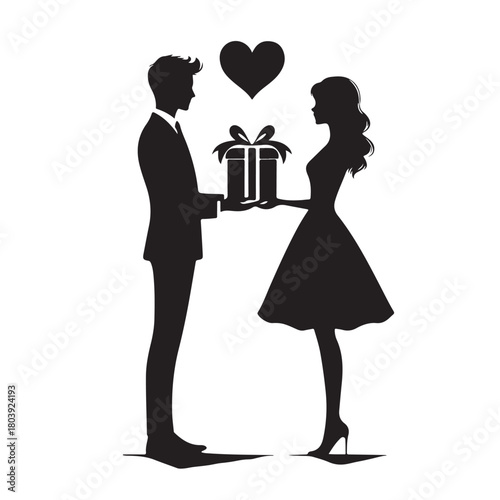 Couple exchanging a gift silhouette