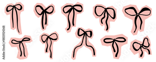 Hand drawn bow doodles with cute ribbon ties and gift wrapping elements. Whimsical ripped paper featuring elegant knots, present decorations, and charming bowknot designs in trendy line art style.