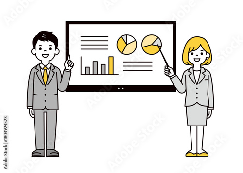 オンラインホワイトボードと、プレゼンする男女のビジネスマンの全身ベクターイラスト素材	