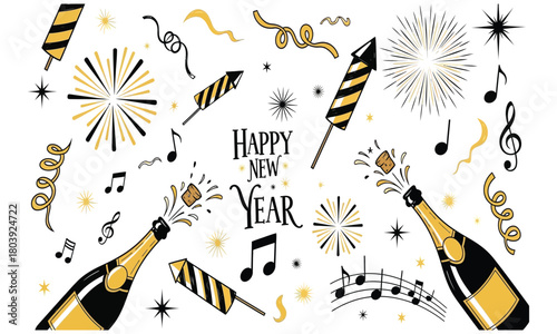 Happy New Year celebration with exploding champagne bottles and festive fireworks, musical notes