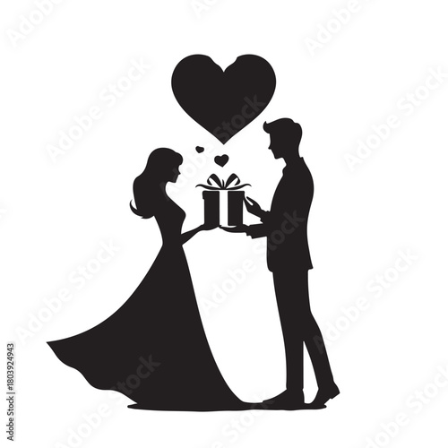 Couple exchanging a gift silhouette