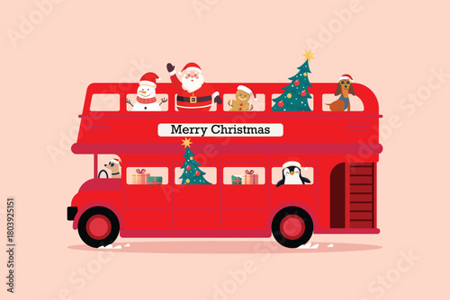 Christmas Cute Santa Claus and Snowman on London bus
