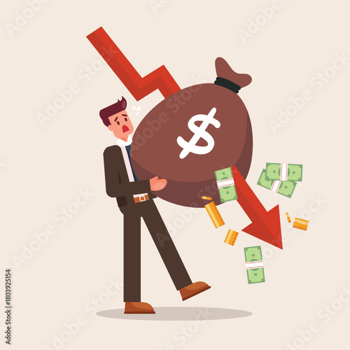 Arrow graphs fall down to attack the money bag carried by businessman