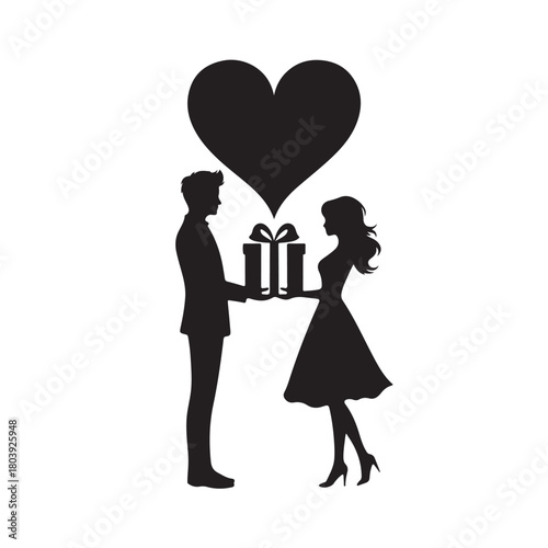 Couple exchanging a gift silhouette