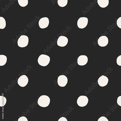 Polka dot pattern. Seamless black and white background, endless repeating print for wrapping, textile, fabric design. Hand-drawn doodle circles, spots, printable texture. Flat vector illustration
