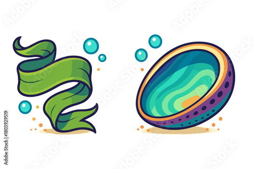 Stylized green ribbon banner and vibrant colorful abalone shell with bubbles and sand texture