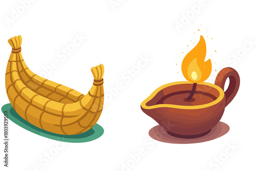 Traditional ancient woven reed boat and burning clay oil lamp representing historical artifacts