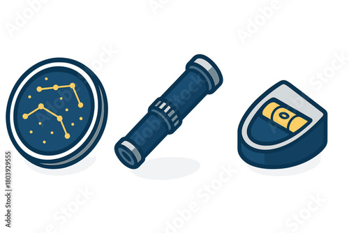 Scientific tools set with telescope, constellation viewer, and spirit level