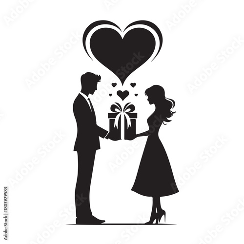 Couple exchanging a gift silhouette
