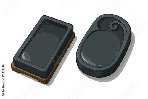 Two traditional Chinese inkstones and ink sticks used for East Asian calligraphy