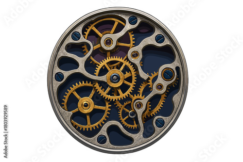 Detailed close-up of the complex internal mechanism of a luxury mechanical timepiece featuring golden gears and ruby jewels