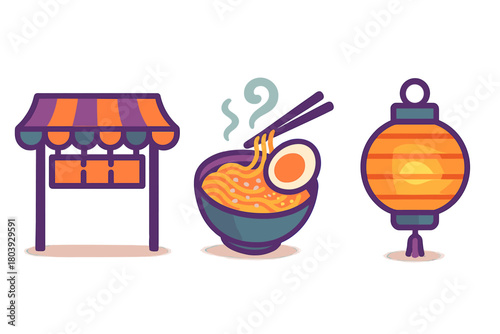 Colorful street food stall, hot ramen noodles with egg, and glowing Chinese lantern