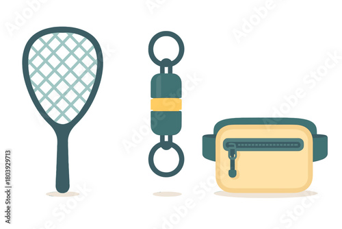 Electric bug zapper racket, fishing swivel, and modern fanny pack utility items