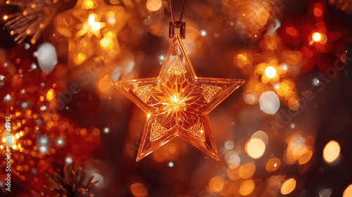 Banner 2026. Shiny gold stars and beautiful bokeh on a dark background. The fiery horse is the symbol of the year. Happy New Year and Christmas.