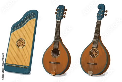 Three traditional string instruments including a zither and two mandolins with blue accents