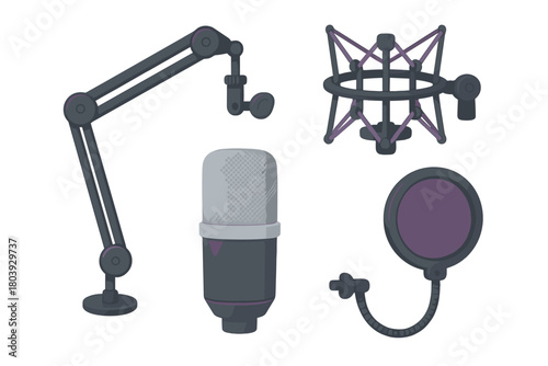 Professional audio recording studio equipment set with microphone and accessories