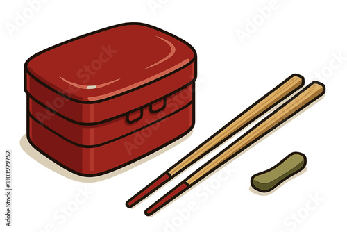 Japanese red lacquer bento box with wooden chopsticks and chopstick rest on white